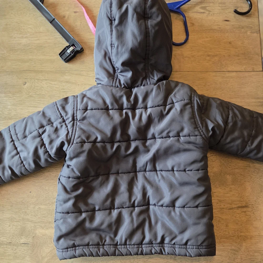 OshKosh Bgosh Boys Puffer Jacket Gray Buffalo Plaid‎ Fleece Lined Hooded Coat 4T